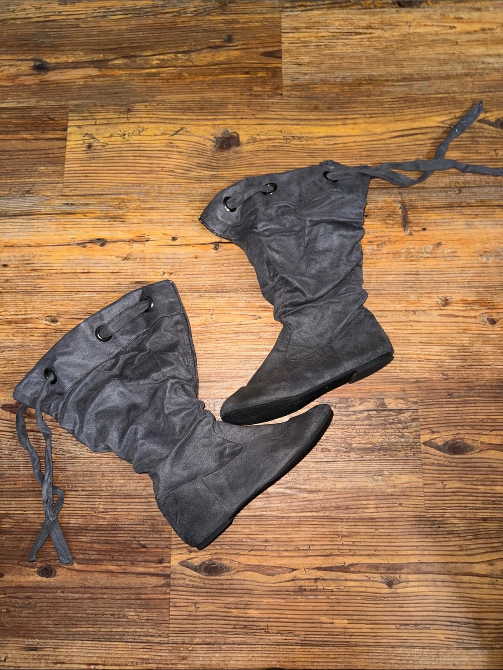 Gray Slouchy Lace-Up Knee Boots